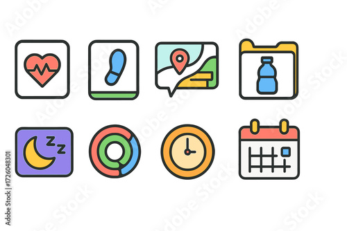 Fitness and health outline icon set. exercise, wellness, activity outline icons collection.