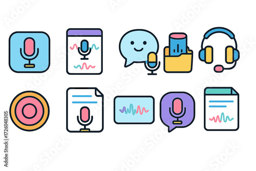 Podcast and audio outline icon set. microphone, headphones, sound recording collection