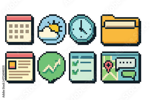 Retro pixel icon set for business productivity tools, calendar, charts, maps