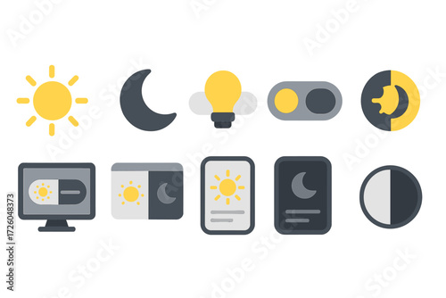 Day and night flat icon set. sun, moon, light, switch, interface elements collection