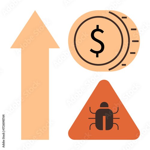 Upward arrow beside coin with dollar sign and bug inside warning triangle. Ideal for financial growth, risk management, cybersecurity, investment analysis, fraud detection, system error, simple flat