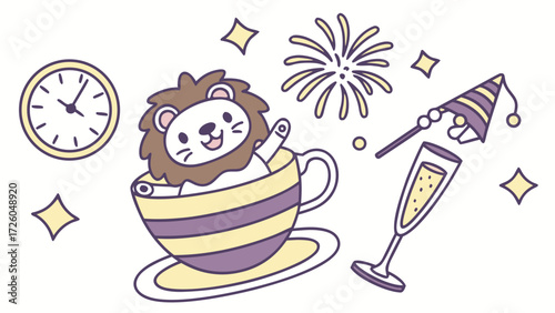 Whimsical Lion feeling Funny in a New Year's Eve/Day setting with sitting in a teacup ride – colored in New Beginnings