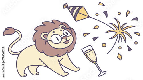Cute Loving Lion, accessorized with wearing glasses, in a New Year's Eve/Day world – New Beginnings palette vector