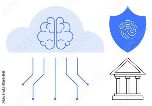 Brain within cloud with data lines, shield with fingerprint, and government building icon. Ideal for AI, cloud computing, cybersecurity, biometrics, data protection, digital governance technology
