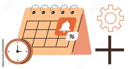 Desk calendar with bell icon, percentage tag, clock, gear, and plus sign for planning. Ideal for time management, scheduling, organization productivity reminders settings discounts. Simple flat