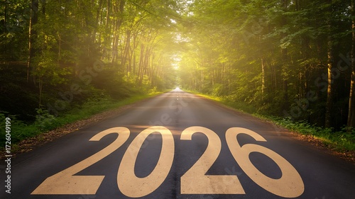 Embark on an exciting journey to 2026 down a sun-drenched forest road, envisioning a bright future filled with hope, growth, and endless possibilities ahead