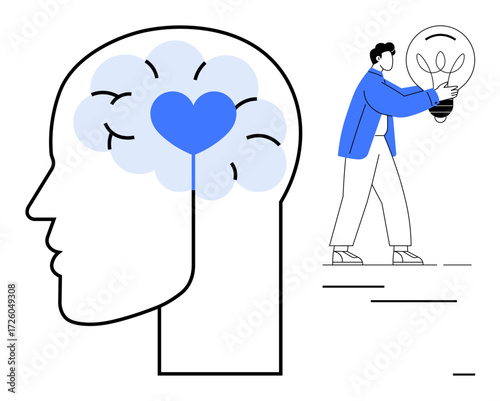 Profile of head with heart in brain symbolizes emotional intelligence. Person holding a lightbulb represents innovation and creativity. Ideal for psychology, mental health, problem-solving, teamwork
