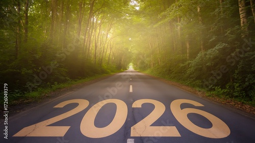 “2026” on sunlit forest road with tall trees and hopeful ambiance—ideal for visuals about future goals, new beginnings, personal growth, and inspirational journey-themed content