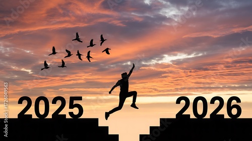 Dynamic silhouette leaps across a chasm between 2025 and 2026 under a vibrant sunset sky with birds flying towards the future, symbolizing new beginnings and progress.