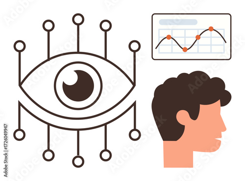 Human profile next to interconnected eye symbol and graph chart showcasing data flow and analysis. Ideal for AI, big data, machine learning, statistics, research, technology, innovation. Simple flat