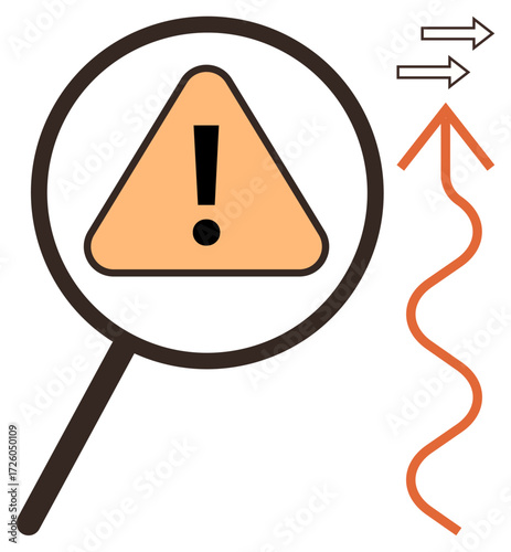 Magnifying glass over a caution triangle with an exclamation mark emphasizes hazards. Red curved and straight arrows suggest direction and overcoming challenges. Ideal for risk analysis, caution