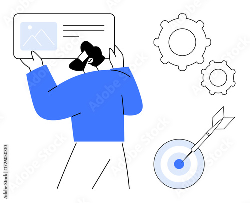 Man holding a document, gears representing planning and strategy, target with dart for accuracy. Ideal for productivity, workflow, innovation, success, strategy, teamwork goal setting simple flat