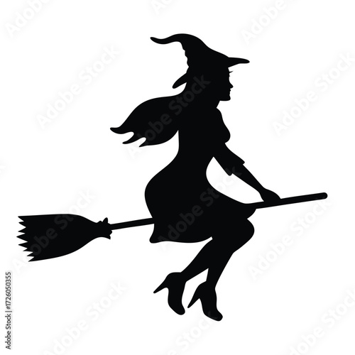 Silhouette of witch flying on broomstick halloween vector illustration clip art design spooky art