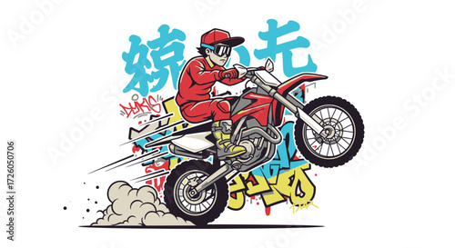 Illustration of a person riding a red and white dirt bike with graffiti art in the background.