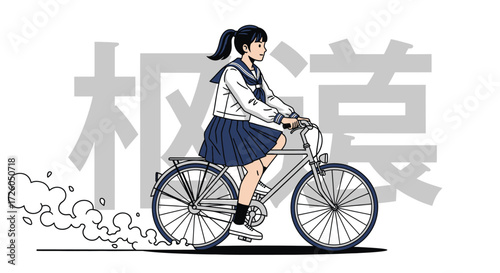 Illustration of a girl in a school uniform riding a bicycle with smoke coming from the tires.