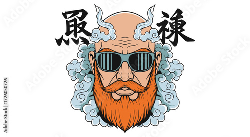 Illustration of a cool bald man with a ginger beard and sunglasses, surrounded by stylized clouds and Japanese kanji.