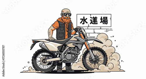 A bearded biker stands beside an off-road motorcycle in a desert-like setting, with a sign indicating water crossing.