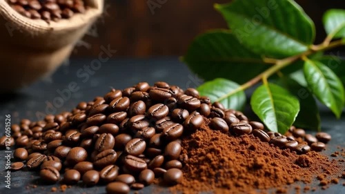 Pouring fresh coffee beans with vibrant green leaves