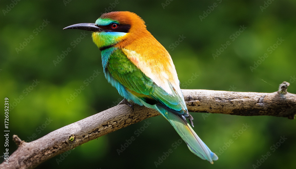 Fototapeta premium Vibrant Rainbow Bee Eater Perched On A Branch In Lush Greenery