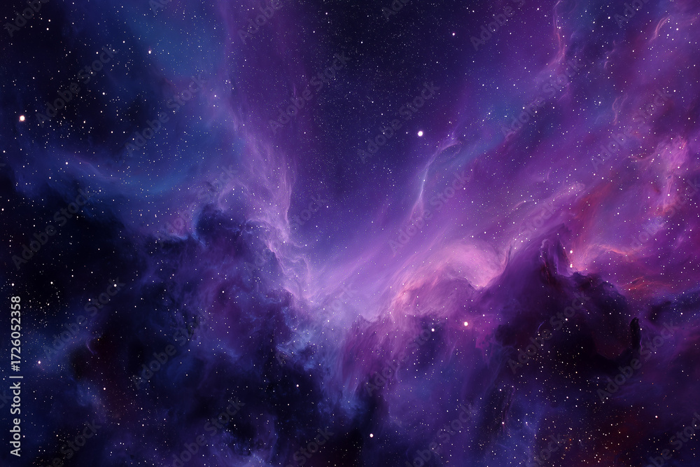 Fototapeta premium Purple Nebula Stretching Across a Vertical Field of Swirling Gas with Dark Silhouettes and Stars in the Background
