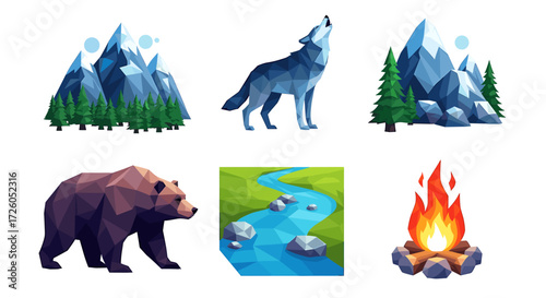 Wilderness adventure awaits with these stunning polygonal icons of nature, perfect for outdoor brands, camping promotions, and nature-inspired designs