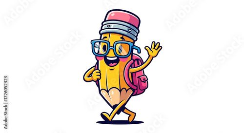 Adorable pencil character wearing glasses and backpack is ready for school, offering a friendly wave, perfect for back to school promotions