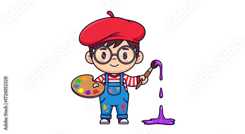 Whimsical cartoon artist in red beret, adorable art student with colorful palette and paint brush ready to create magic, perfect for creative projects