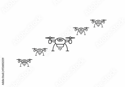 Scalable vector illustration of multiple drones flying in formation