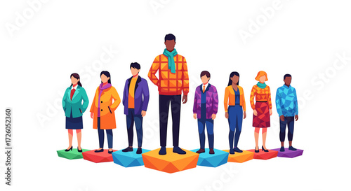 Empowered team standing tall on platforms, diverse group of professionals showcasing leadership in modern business, vibrant and confident together