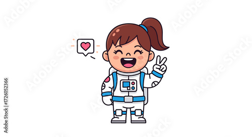 Adorable astronaut girl sends love and peace from space, making a victory sign wearing a spacesuit with a heart in the speech bubble