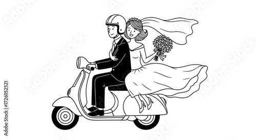 Newlyweds joyfully riding scooter, celebrating their wedding day with love and laughter during an exciting adventure, exuding modern romance and happiness