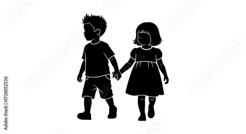 Charming silhouette of a young boy and girl holding hands, perfect for childhood themes and family-friendly designs, conveying innocence and togetherness