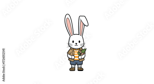 Adorable bunny character in casual clothes holding autumn leaves, perfect for children's books or seasonal projects, spreading joy and cuteness