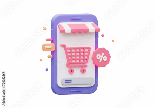 3d mobile online shopping cart icon with discount percentage