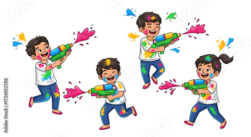 Vibrant and cheerful children joyfully celebrating Holi with water guns, spreading playful colors and creating a festive atmosphere of fun and excitement