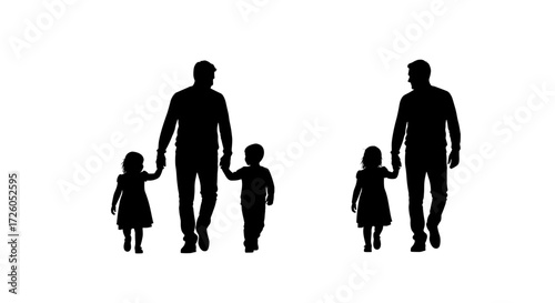 Heartwarming silhouette of a father walking hand-in-hand with his children, portraying love, family bonds, and the beauty of parenthood moments