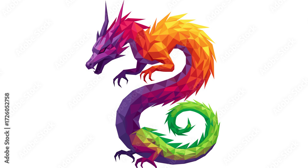 Fototapeta premium Majestic geometric dragon in vibrant rainbow colors, a modern fantasy icon for gaming, art, or branding projects needing a creative, eye-catching element