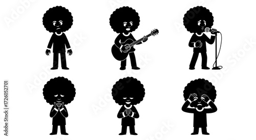 Expressive cartoon afro characters showing diverse emotions like sadness, joy, performance, and frustration for versatile storytelling and visual communication