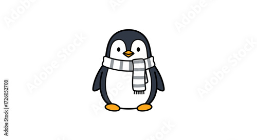Adorable penguin character bundled up in a cozy scarf, perfect for winter holiday designs and cute animal illustrations that spark joy for kids