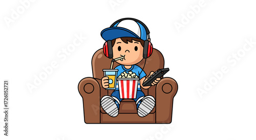 Cartoon kid enjoys movie night with popcorn and drink, wearing headphones and holding remote control in comfy chair for relaxation and fun