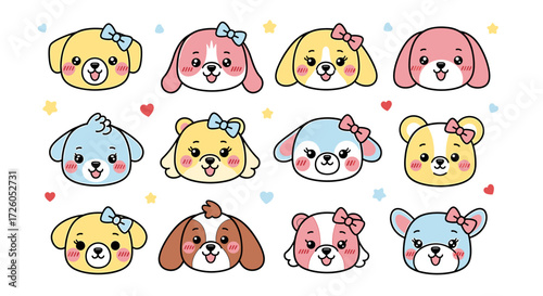 Adorable puppy faces with cute bows and expressive eyes for children's books, party decorations, and playful designs that spread joy and happiness