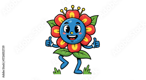 Cheerful flower character giving thumbs up with a happy smile, perfect for springtime greetings and positive messages, bringing joy and fun to any project.