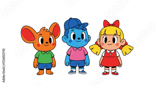 Adorable cartoon characters ready for an adventure, a cute mouse, a blue boy with a baseball cap, and a sweet girl with pigtails bring storytime to life