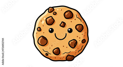Delicious chocolate chip cookie with a cute happy face illustration perfect for baking promotions or sweet treat designs, makes you smile with sugary goodness