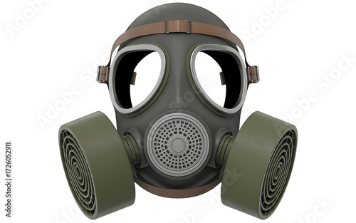 Realistic gas mask with filters offers protection from airborne hazards, perfect for emergency preparedness, safety campaigns, and industrial safety visuals