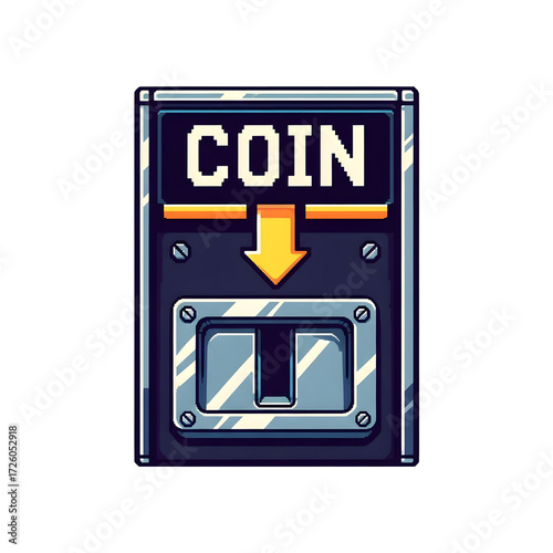 Retro arcade coin slot machine interface with pixel art graphics and clear input slot for game credits