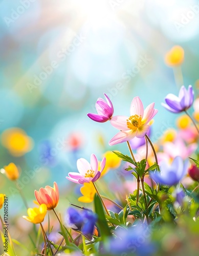 Vibrant spring flowers in a sunlit meadow