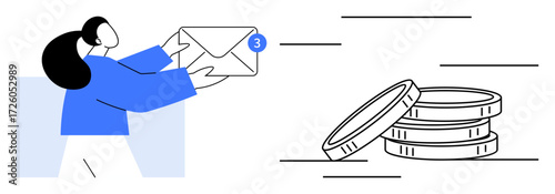 Woman reaching out to grab an envelope with a notification badge, next to stacked coins. Ideal for communication, finance, transactions, notifications, cash flow, email marketing, simple flat