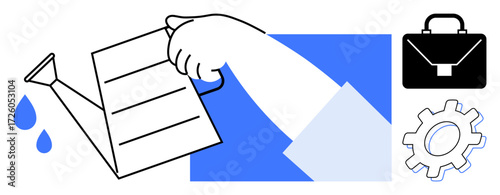 Hand with a watering can pouring drops, briefcase, and gear icons representing nurturing growth, productivity, innovation, career, collaboration, strategy and resource management. Ideal for simple