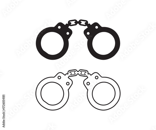 Minimalist pairs of handcuffs, one black and one white isolated on white background